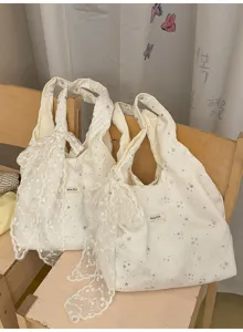 Damen Leinwand Shopper Tasche mit Spitzen Schleife Stern Muster große Kapazität Schultertasche