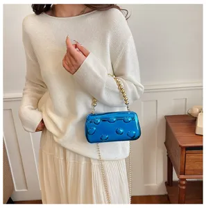 Glänzende blaue Acryl-Abendtasche mit Goldperlen-Kettenriemen schicke Damen Umhängetasche
