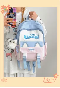 Cute cat ear colorblock backpack for teenage students, large capacity casual school bag.