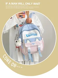 Cute pastel colorblock backpack with cat ears and large capacity for students, sweet style.