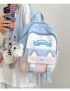 Pastel color block casual student backpack with cute cat ear design and large capacity.