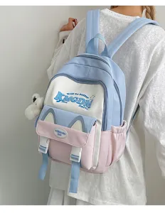Cute colorblock school backpack with letter print and cat ears, large capacity for daily use.