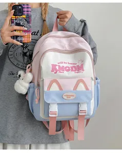 Cute color block student backpack with cat ears and letters large capacity school bag