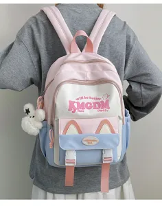 Cute color-blocked student school backpack with cat ears and large capacity design.