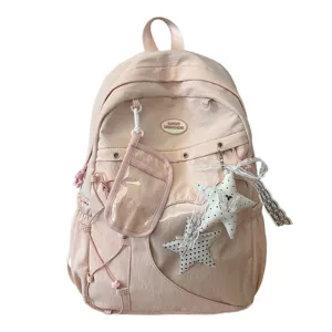 Mochila escolar rosa linda estilo ins japonés gran capacidad con colgantes de estrella