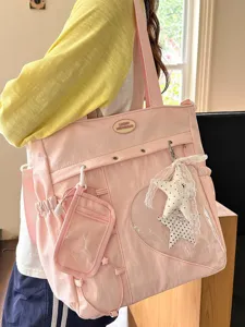 Bolso tote rosa de estilo ins japones, gran bolsa de hombro para estudiantes con ventana transparente