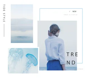 Scène de détail tendance avec collage bleu, tableau d'inspiration esthétique et ambiance moderne.