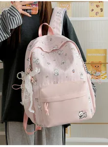 Cute pink striped canvas backpack with lovely dog print and bow pendant, large capacity school bag.
