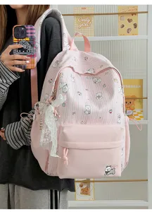 Cute Japanese style pink dog print large capacity school backpack for students detail view.