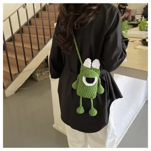 Handcrafted knitted green monster crossbody phone bag cute cartoon design knit shoulder bag for women