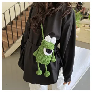 Handmade knitted cartoon monster crossbody phone bag cute green single shoulder bag for women