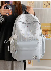 Cute Japanese style dog print striped large capacity student school backpack for girls daily use.