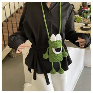 Handmade green knitted cartoon monster crossbody phone bag for women cute casual shoulder bag