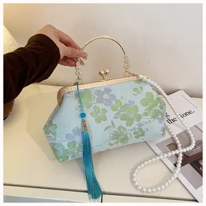 Chinesischer Stil bestickte florale Abendtasche mit Perlenkette und Quaste fur Damen Detail