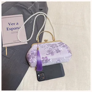 Chinesischer Stil bestickte Abendtasche mit Perlenriemen, Vintage Kussverschluss Clutch.
