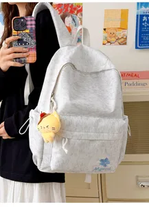 Large capacity grey nylon backpack with cute cat pendant for school students casual daily use.