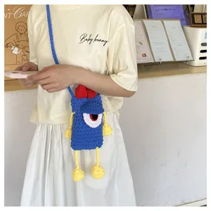 Handmade crochet cute monster crossbody phone bag, stylish colorful knit shoulder bag for daily.