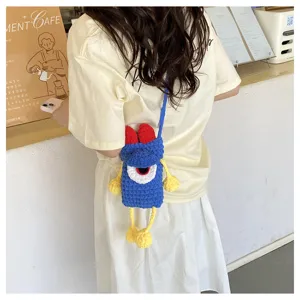 Cute handmade knitted contrast color cartoon single shoulder crossbody phone bag for women