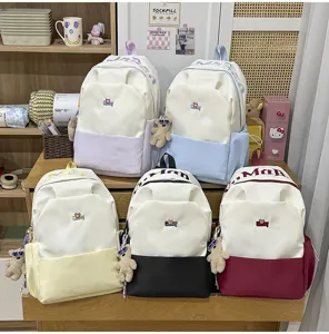 Canvas school backpack large capacity student book bag color block casual daypack