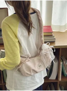 Roze ruit geplooide schoudertas met kantstrik, zoete studenten forens crossbody tas.