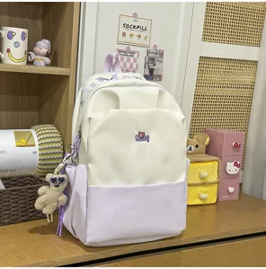 Student school backpack large capacity canvas contrast color book bag for daily use detail view