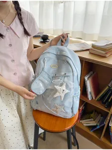 Dettaglio in primo piano del simpatico zaino ita blu stellato con tasca trasparente.
