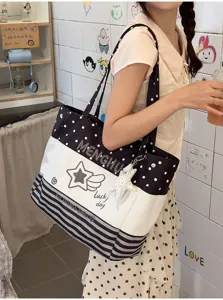 Canvas tote bag for women, cute college style shoulder bag with polka dots and stars.