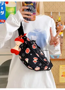 Sac de poitrine imprimé pomme, sac banane tendance en toile avec joli pendentif peluche.