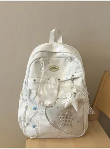Vista dettagliata dello zaino scolastico con motivo a stelle e tasca trasparente frontale.