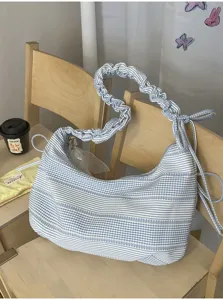 Blauwwit gestreepte hobo schoudertas met geplooide schouderriem, casual shopper tas.