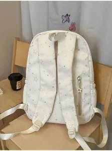Zaino bianco carino con stampe di stelle e vortici colorati, zainetto casual per ragazzi.