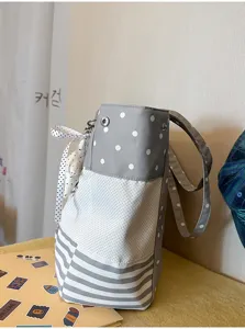 Cute forest style canvas shoulder bag for women, grey polka dot casual commuting tote.