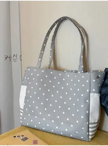 Grey polka dot tote bag for women casual canvas shoulder bag daily student commuting handbag