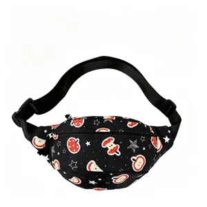Sac banane noir imprimé pomme de dessin animé mignon, sac de poitrine décontracté élégant.