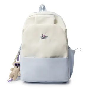 Student school backpack casual color block design large capacity book bag with cute bear pendant