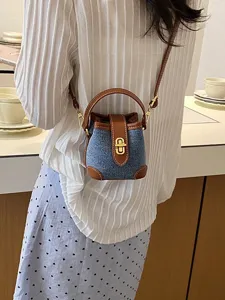 Mini τσάντα bucket από denim για γυναίκες, κομψή δερμάτινη τσάντα χιαστί με μεταλλικό κούμπωμα.