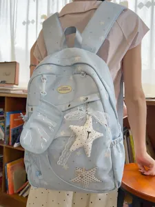 Zaino scolastico per studenti azzurro carino Ita Bag con tasca trasparente e stelle sacca