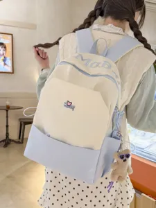 Stylish contrast color student backpack with cute bear pendant and letter embroidery