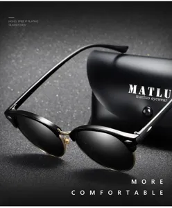 Classic half-frame polarized sunglasses detail featuring metal bridge and smooth black temple.