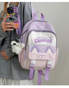 Purple and white cute cat ear canvas backpack for school students and casual daily use