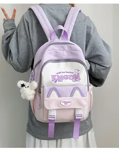 Cute colorblock student backpack with cat ears and letter print, large capacity casual daypack.