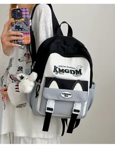 Cute colorblock cat ear backpack for students, large capacity casual daily school book bag.