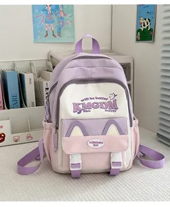 Cute color-block student backpack with letter print, large capacity school bag for girls.