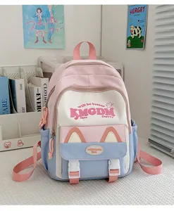 Cute colorblock canvas school backpack for students with large capacity and cat ears.