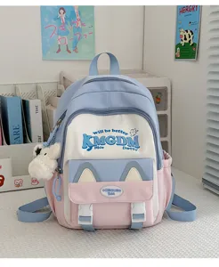 Cute colorblock student backpack with letter print and cat ear pocket for school girls