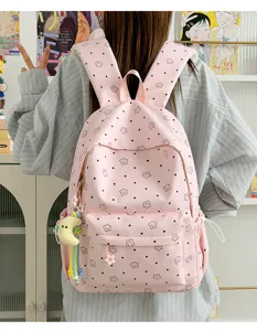 Pink nylon school backpack for students, cute star pattern large capacity book bag