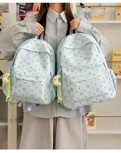 Canvas student school backpack light blue star pattern large capacity casual daypack