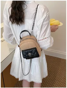 Woven PU Color-Blocking Small Women Backpack Casual Stylish Commuter Crossbody Bag Top