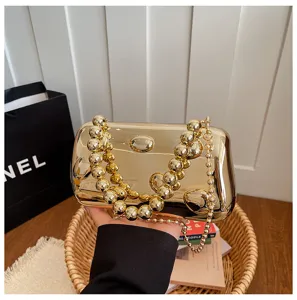 Goldene Acryl Abendtasche Clutch mit Perlenkette stilvolle Damen Schulter Umhängetasche