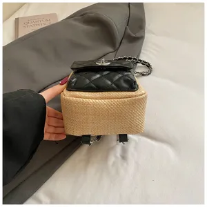 Mini straw woven backpack with black PU leather quilted flap, elegant chain strap crossbody bag.